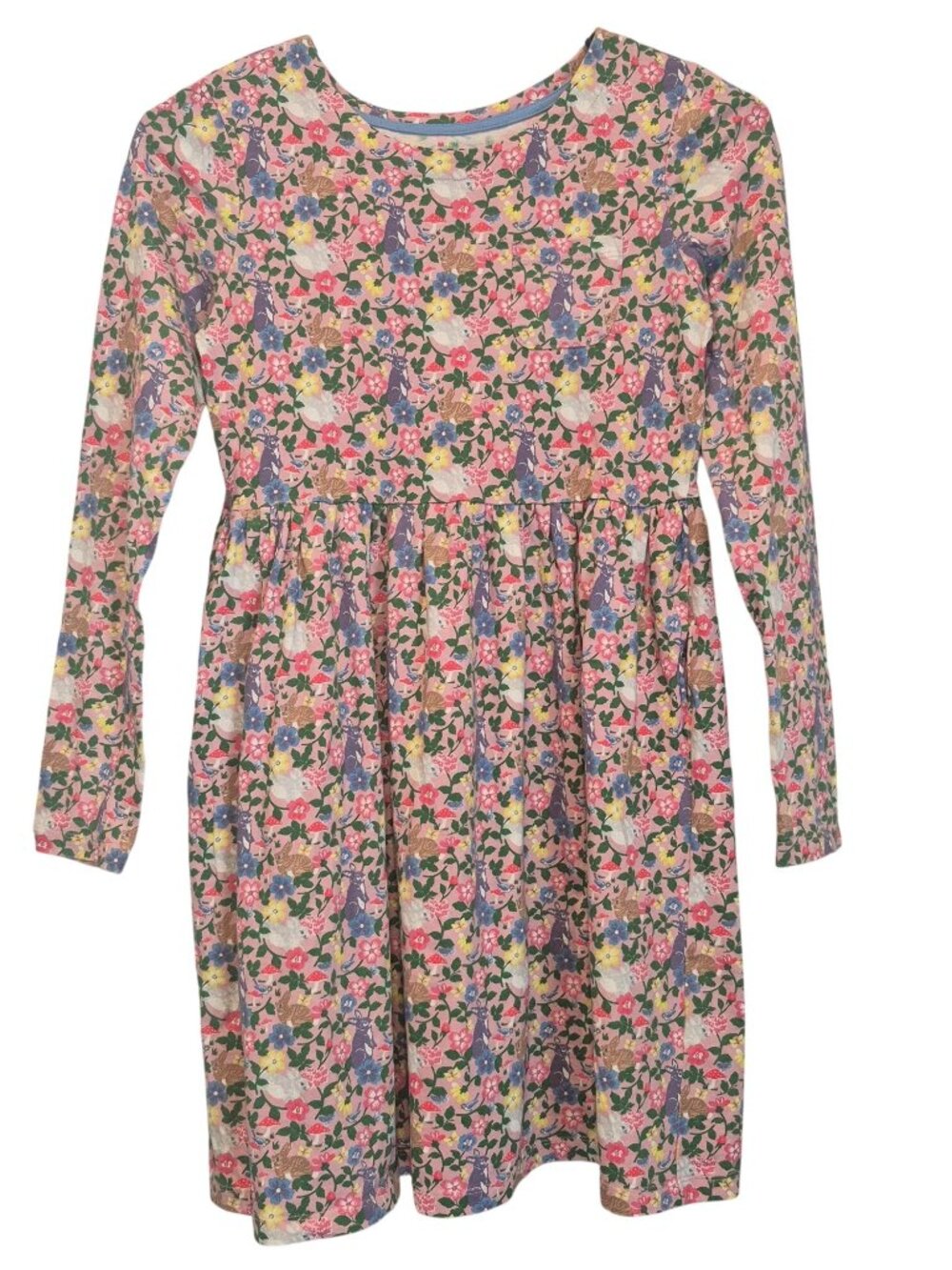 Mini Boden Long Sleeve Dress Floral Bunnies Mushrooms Printed 12 100% Cotton